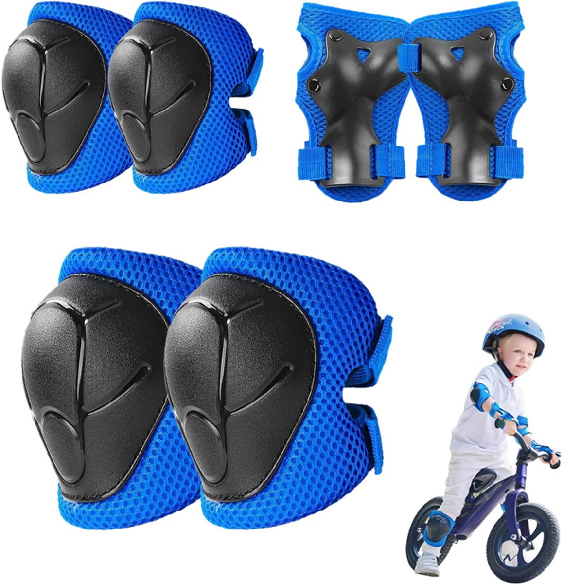 Kinderbeschermingsset - 6-delige set - Beschermingsset - Inclusief kniebeschermers, elleboogbeschermers en polsbeschermers - Verstelbaar - Geschikt voor skateboarden, rolschaatsen, fietsen, steppen en diverse buitensporten - One size fits all - Blauw
