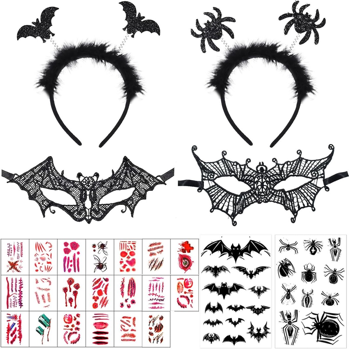 Halloween Haarband met Vleermuis en Oogmasker, Spinnen Haarband en Halloween Tattoos voor Kostuumfeest