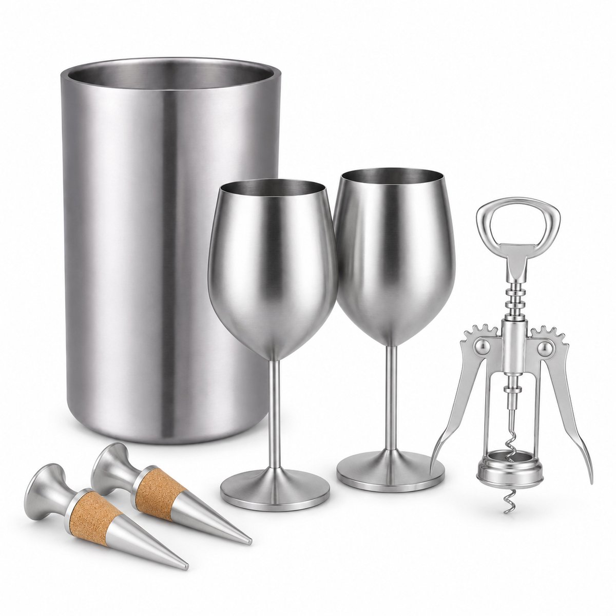 My Green Deal - RVS Wijnset 6-delig - 2 Wijnglazen 500 ml, Wijnkoeler 1,6L, 2 Wijnstoppers & Kurkentrekker - Wijnaccessoires