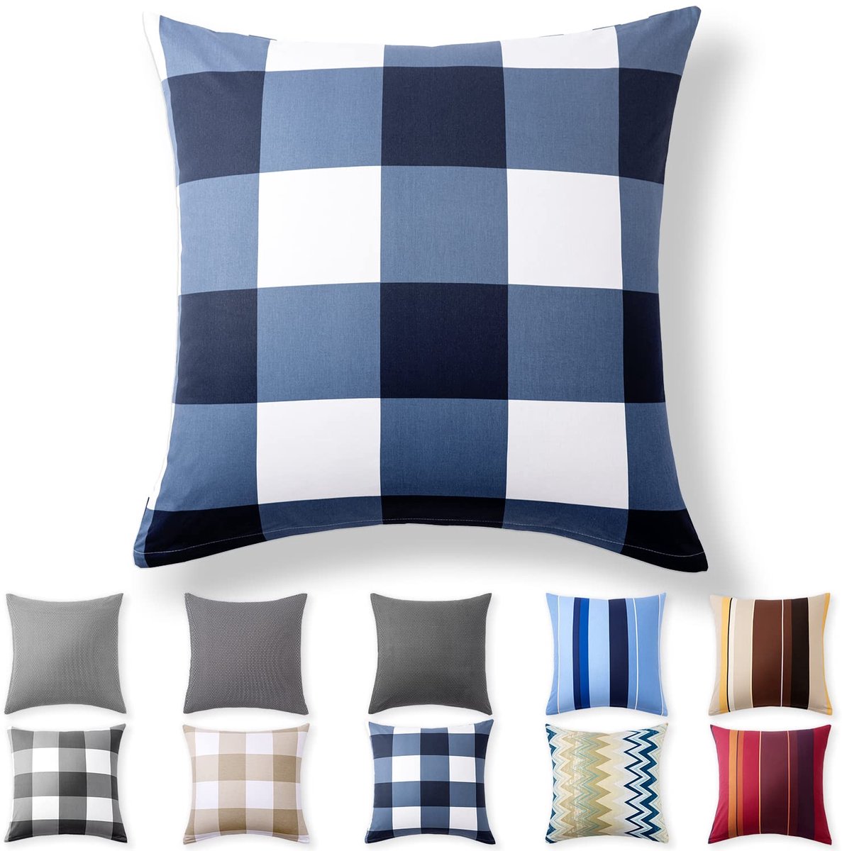 Kussenbezug 40 x 40 cm - 100% Katoen met Versteckte Rits, Blauw Geruit
