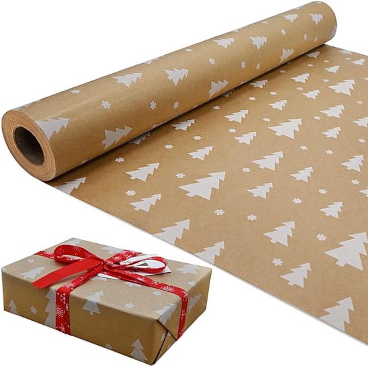 Pakket inpakpapier kraftpapier rol 43 cm x 15 m - kerstboom patroon - recyclebaar - feestdecoratie