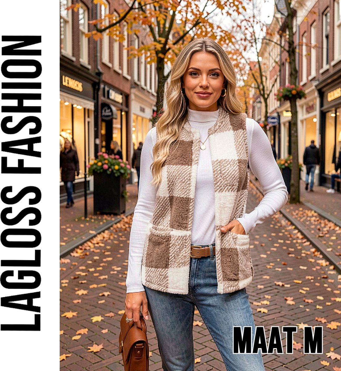 LaGloss ® Dames Fleece Gilet Geruit – Mouwloos Teddy Vest – Lichtgewicht Warm Damesvest met Ronde Hals voor Herfst en Winter - Maat M
