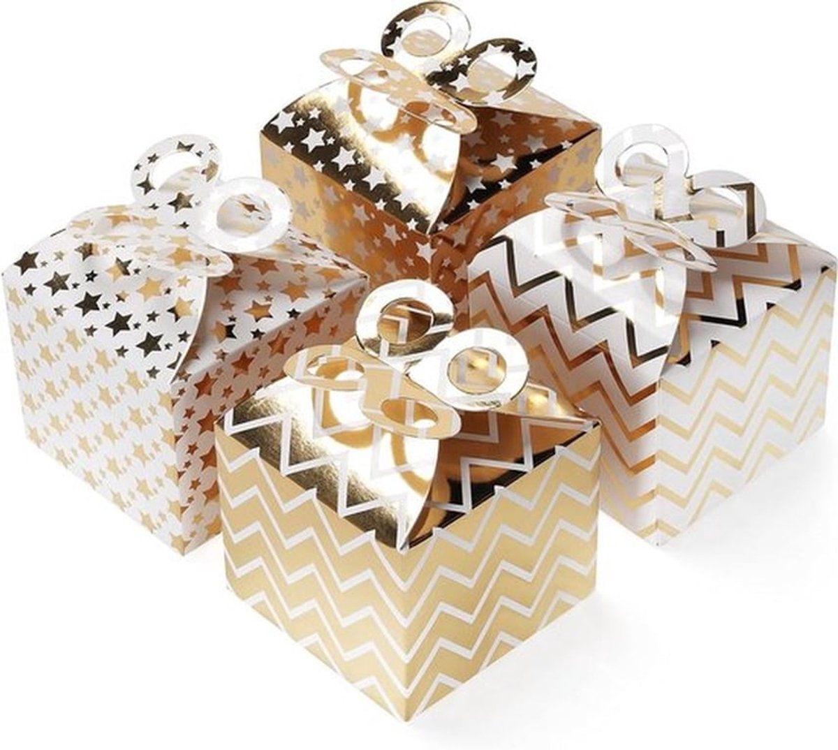 Feest Geschenkdoosjes - Gouden Strikken - Zig Zag Patroon - Gable Bags - Kinderverjaardagen Voedsel Babyshower - Wit & Gouden - Geschikt voor Diverse Gelegenheden - 36 stuks