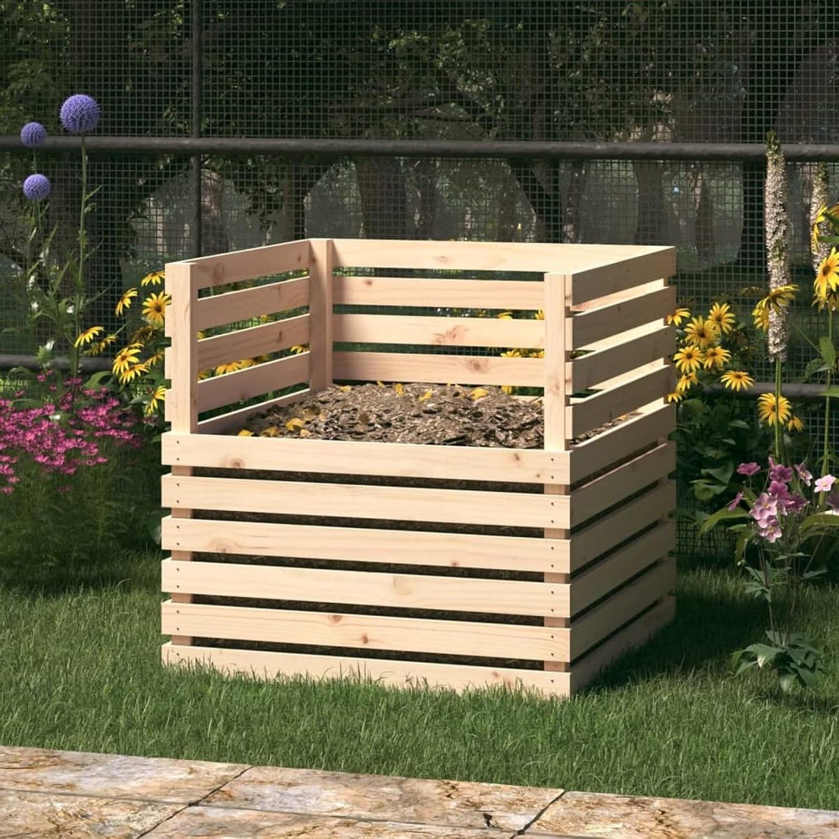 Compostbak - Tuinafvalbak - Natuurlijk composteren - Massief hout ontwerp - 80x80x78 cm - Houtkleur