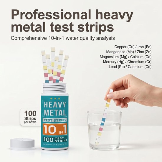 100 stuks 10-in-1 waterteststrips voor drinkwater, putten en zwembaden - Test op zware metalen zoals koper, lood en kwik met snelle resultaten binnen 30 seconden — afbeelding 2