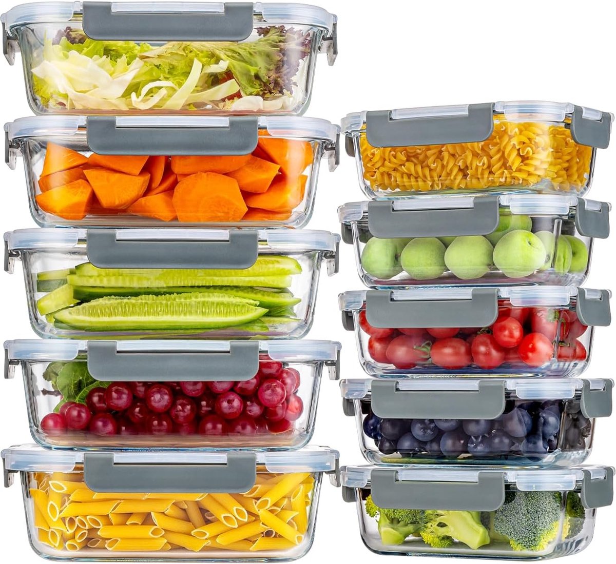 Set van 10 Glazen Vershouddozen met Luchtdichte Deksels - Transparant - 400 ml en 1040 ml - Borosilicaatglas - Voor Maaltijdvoorbereiding en Opslag