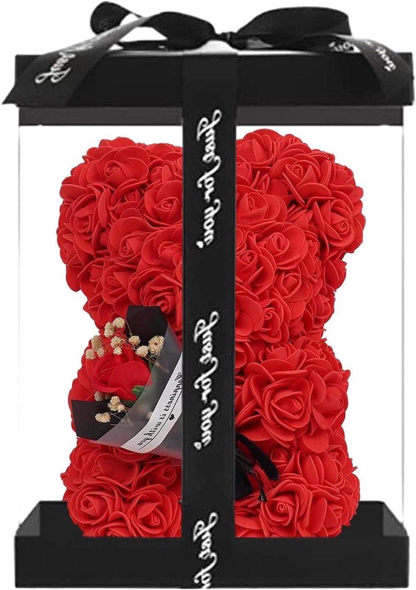 Rozen Beer - Bloemen Beer - Decoratie Cadeau - Handgemaakt Uniek - 24 x 16 cm - Rood