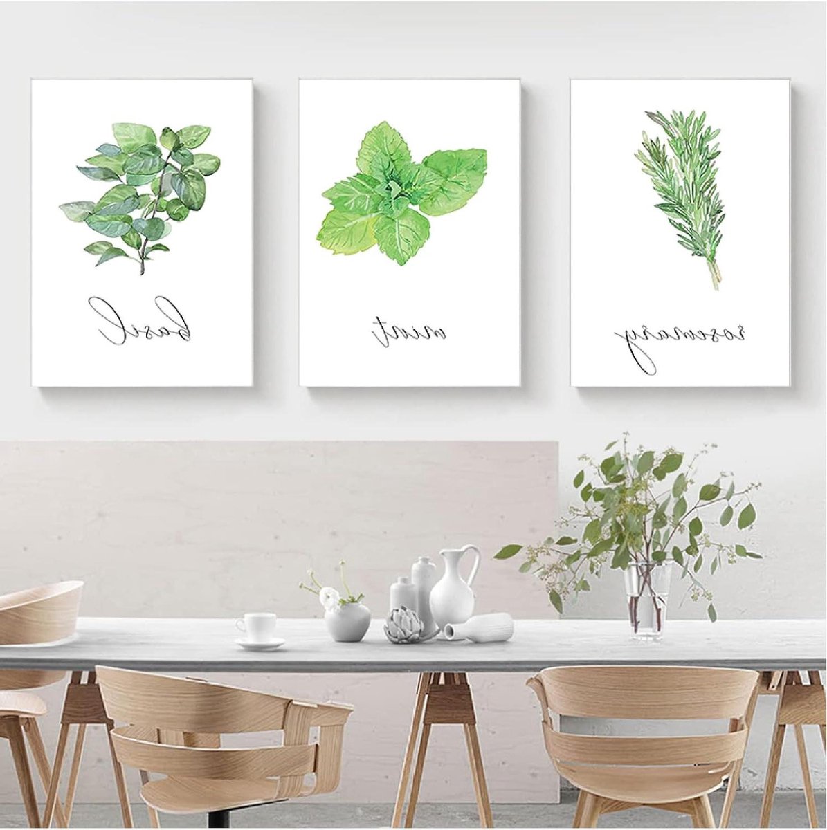 Planten Muurkunst - Botanische Prints Aquarel - Keuken Decoratie - Hoge Kwaliteit Canvas - 40x60cmx3 - Groen