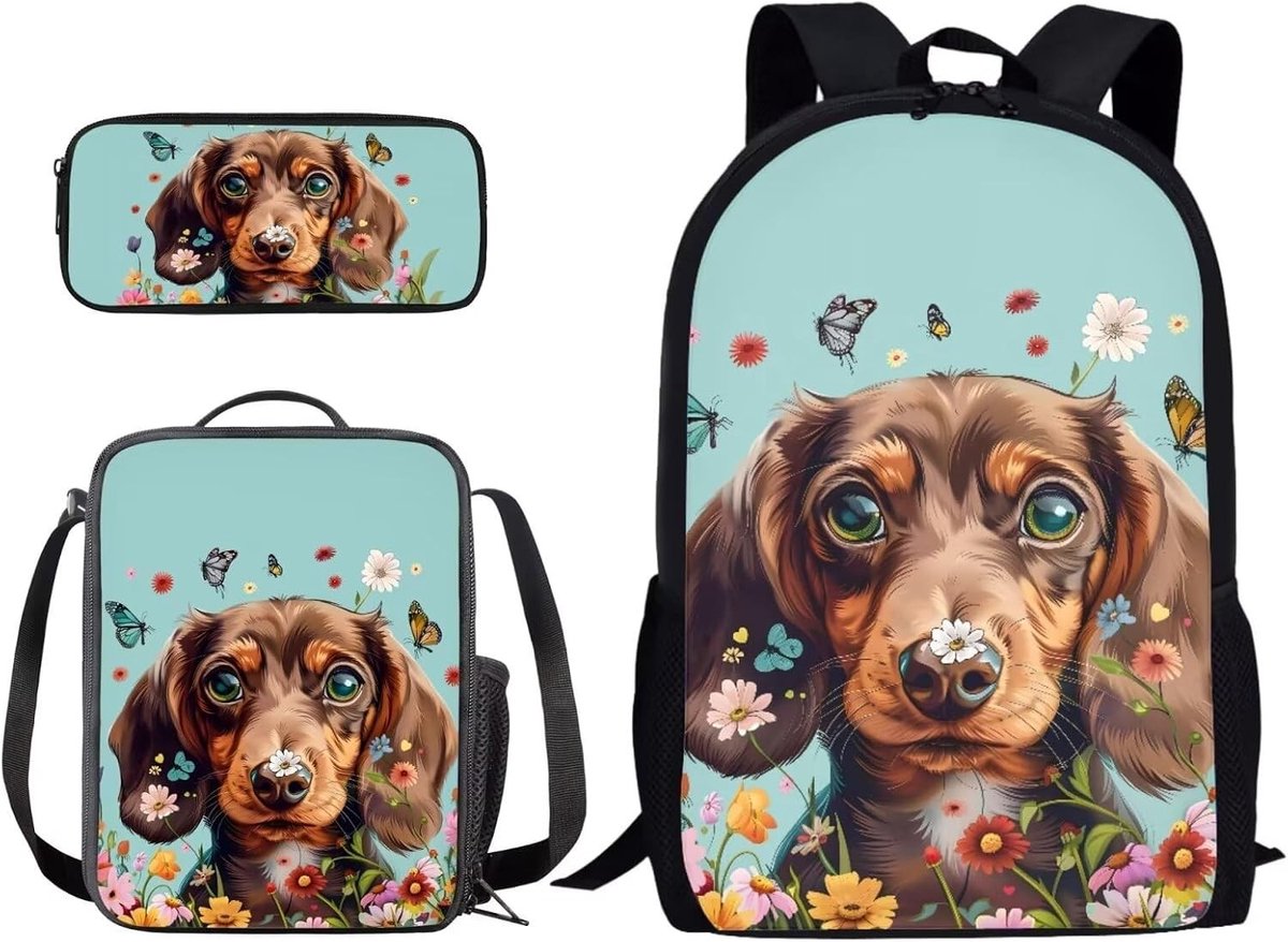 Schoolrugzak 3-delige set voor studenten, jongens en meisjes met lunchtas en etui, ideaal cadeau voor terug naar school, Teckel Hond Vlinder Bloemen, ruime en duurzame tas