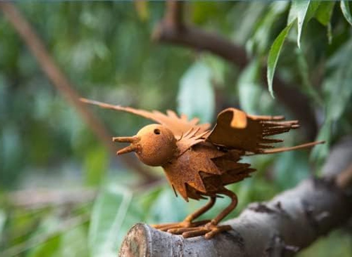 Tuinvogel Decoratie - Metalen Vogel Figuur - Tuin Aankleden - Roest Patina Afwerking - 23*18*11cm - Roestkleur
