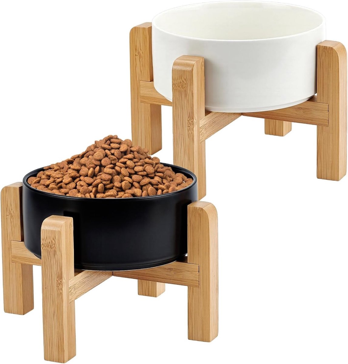 Verhoogde hondenkommen met antislip houten standaard, 15 cm keramische voer- en waterbakken voor kleine en middelgrote honden, duurzaam en stijlvol design