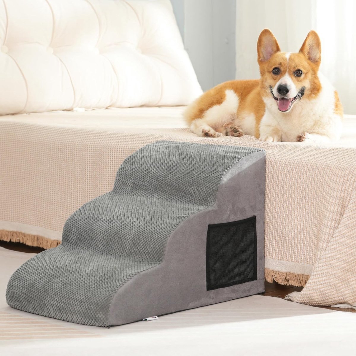 Hondenladder voor Bed en Bank, Antislip Hondentrap van Hoogwaardige Schuim, Verwijderbare Hoes, Ideaal voor Kleine en Oudere Huisdieren, 60x40x40cm