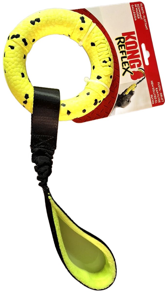 Kong - Speel ring hond - met handat - Speelgoed voor dieren - 14 cm - Geel en zwart - Schuim medium hard - Honden bal - Speelbal hond - Speelgoed hond