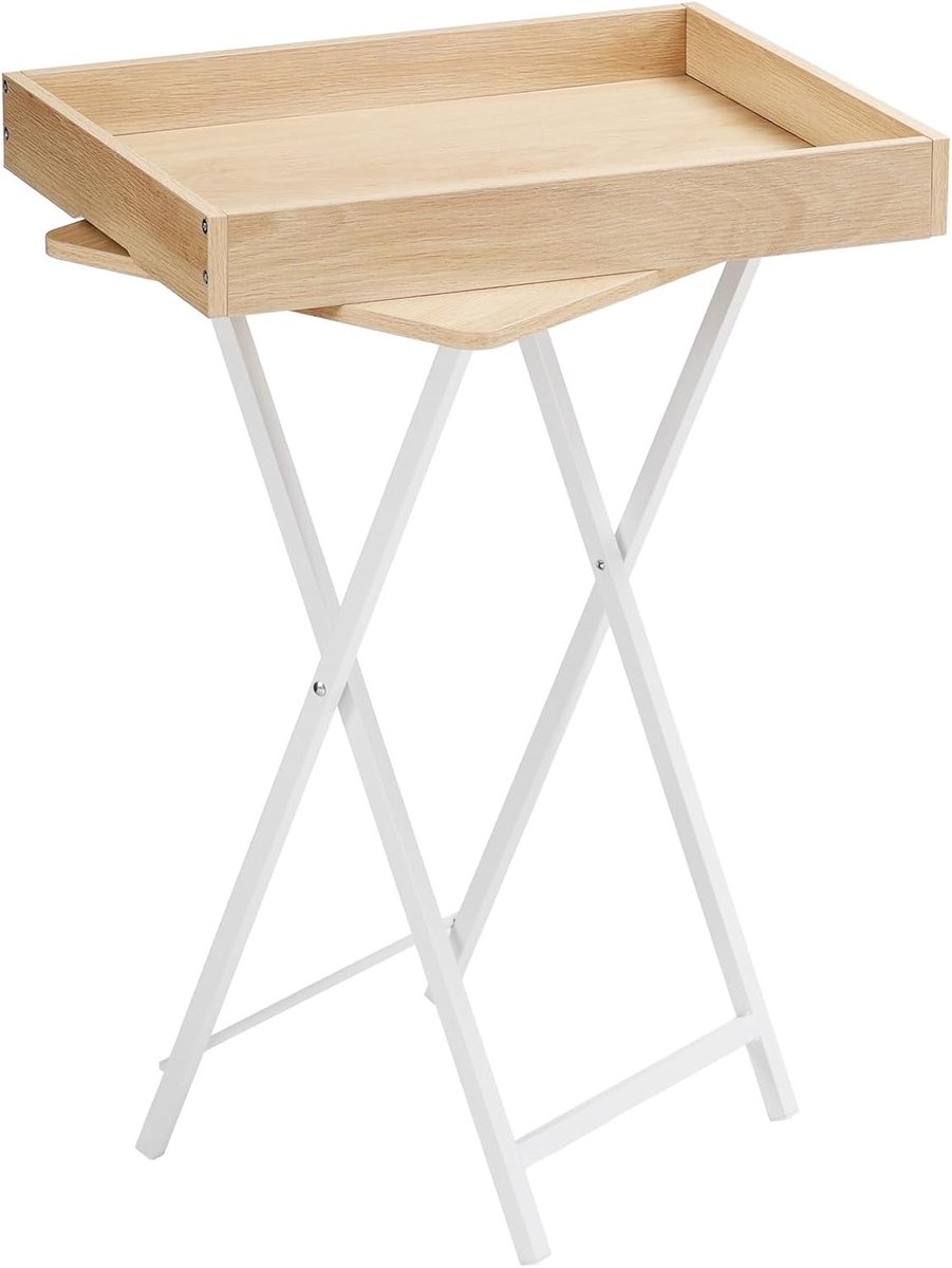 Bedtafeltje voor op bed - Wit en Naturel - 48 x 36 x 70 cm - Opvouwbare Bijzettafel met Afneembaar Dienblad - Voor Thuisgebruik