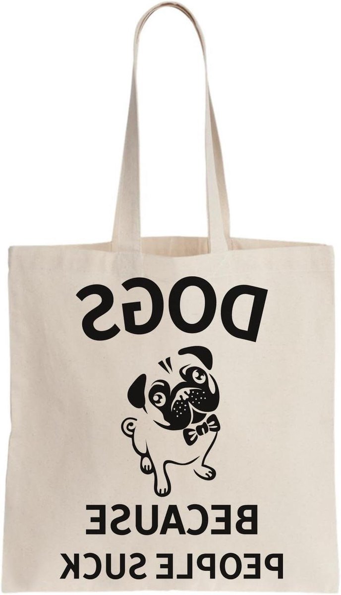 Canvas Tote Tas - Draagtas Strandtas - Boodschappen Doen - Schattig Pug Design - 45 x 42 cm - Naturel Beige