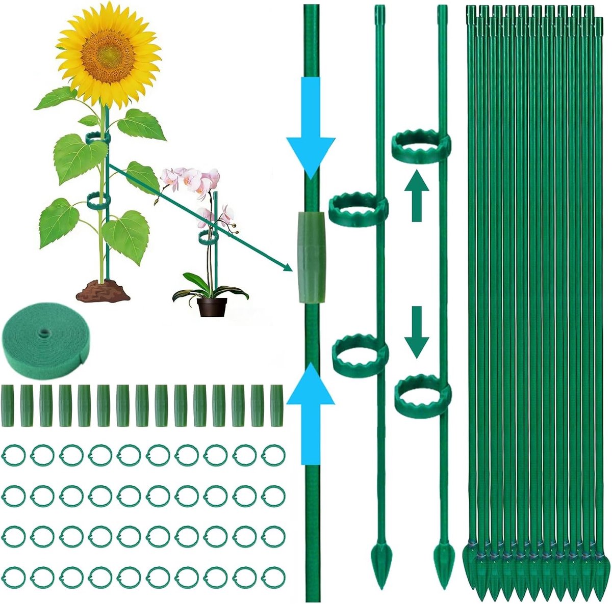 Ondersteuning voor klimplanten met 20 plantstokken, 40 plantclips, 1 m plantbanden en 15 connectors voor tomaten, erwten, komkommers en bloemen