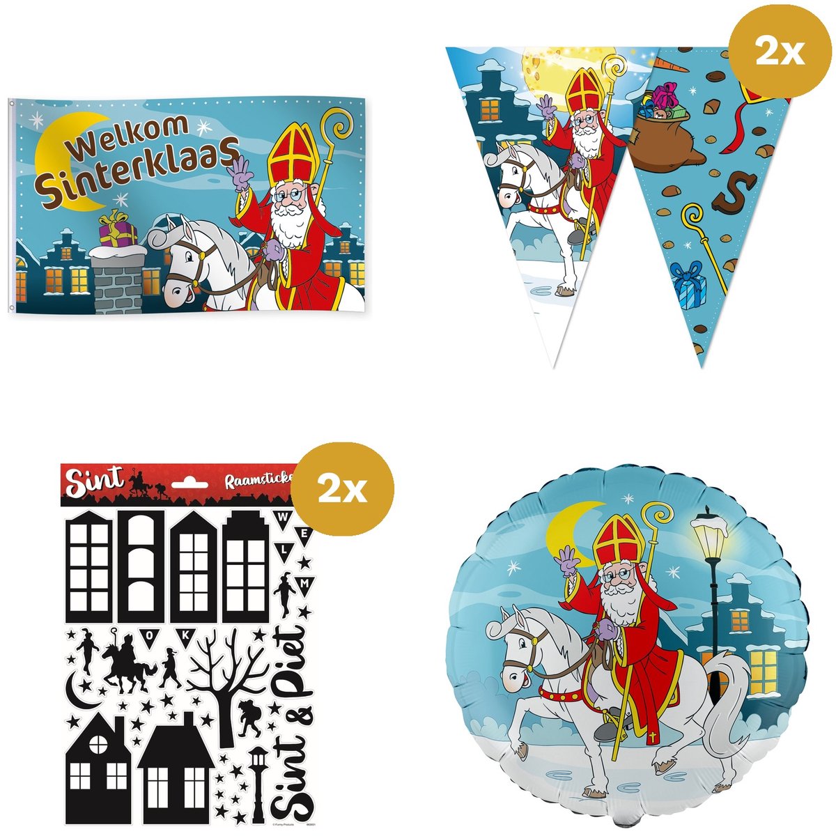 Sinterklaas Versiering Mega Combi XL - Gevelvlag 150x90cm, 2x Vlaggenlijn 10m, 2x Raamstickers & Folieballon 18" - Belevingsbox