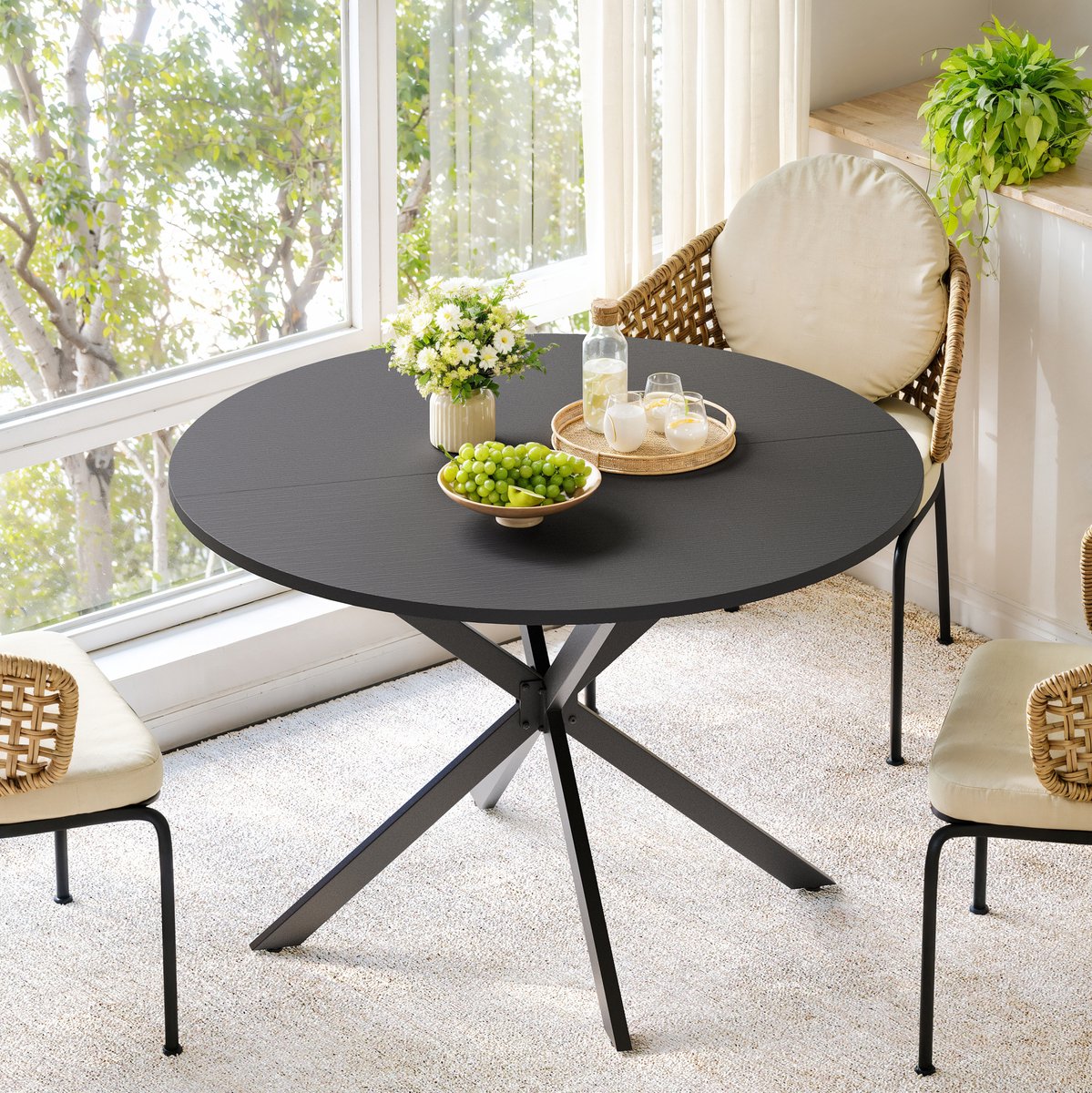 Wishdor Ronde eettafel - X-poot - Industrieel - Zwart - 120 cm - Mat blad - Spaanplaat en metaal - voor 4-6 personen - Rond