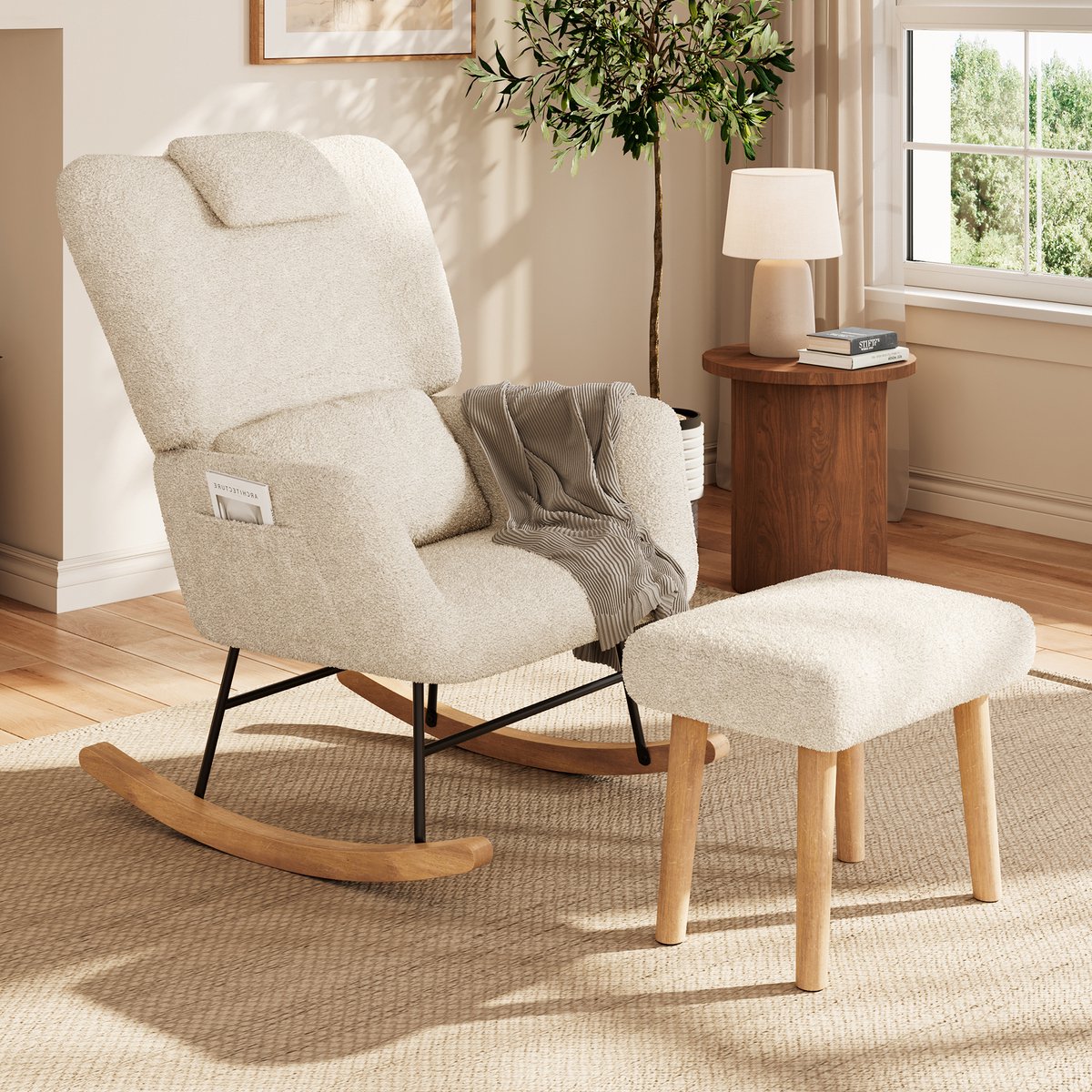Schommelstoel 77x75x92,5 cm, relaxstoel met voetensteun, bureaustoel en woonkamerstoel, moderne fauteuil met metalen frame, beige teddy stof