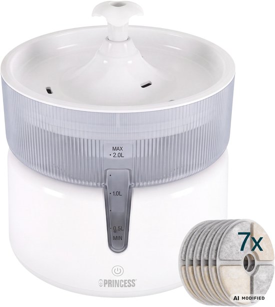 Princess drinkfontein voor katten, wit met transparante ribbed tank, 2 liter max capaciteit, met 7 filters.