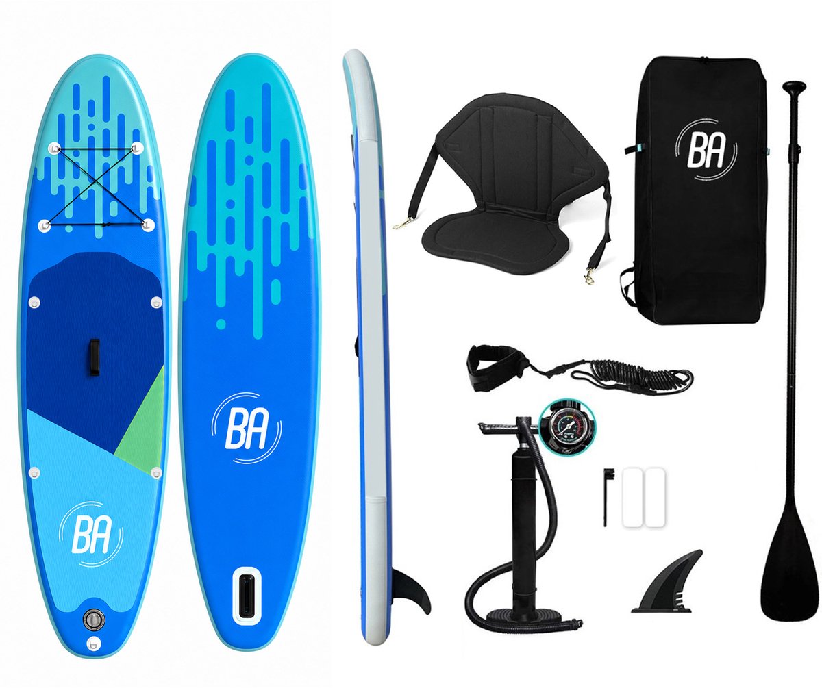Best Active Horizon SUP Board XXL - 335x81x15cm - Opblaasbaar Paddle Board - Complete Set Inclusief SUP Zitje - Met Pomp / Draagtas / Verstelbare Peddel / Enkelkoord / Reparatiekit - Belastbaarheid Max. 150KG - Blauw