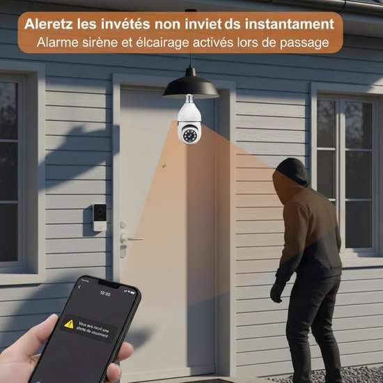 Draadloze WiFi-bewakingscamera Binnen/Buiten, 2K Lamp Bewakingscamera WiFi, Bewakingscamera's met E27-lampfitting, Sirene en Lichtalarm, Kleuren Nachtzicht — afbeelding 4