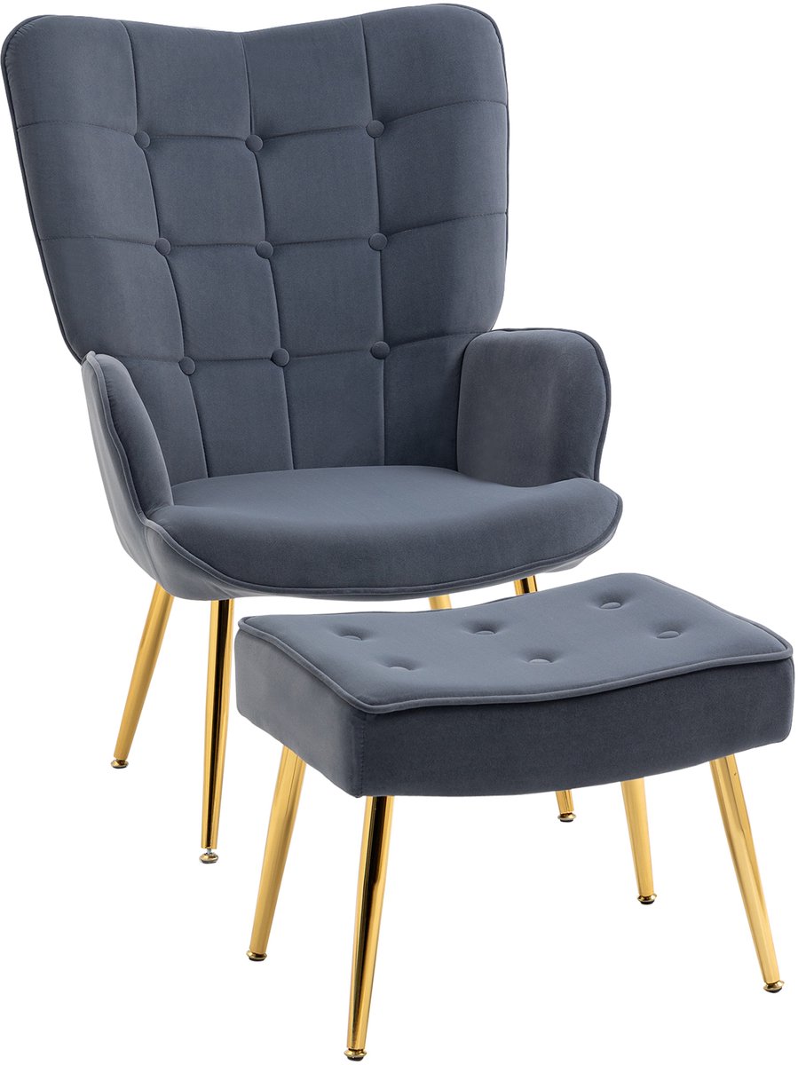 Oorfauteuil met Hocker – fauteuil voor de woonkamer met hoge rugleuning - goudkleurige stalen poten en fluwelen bekleding - donkergrijs
