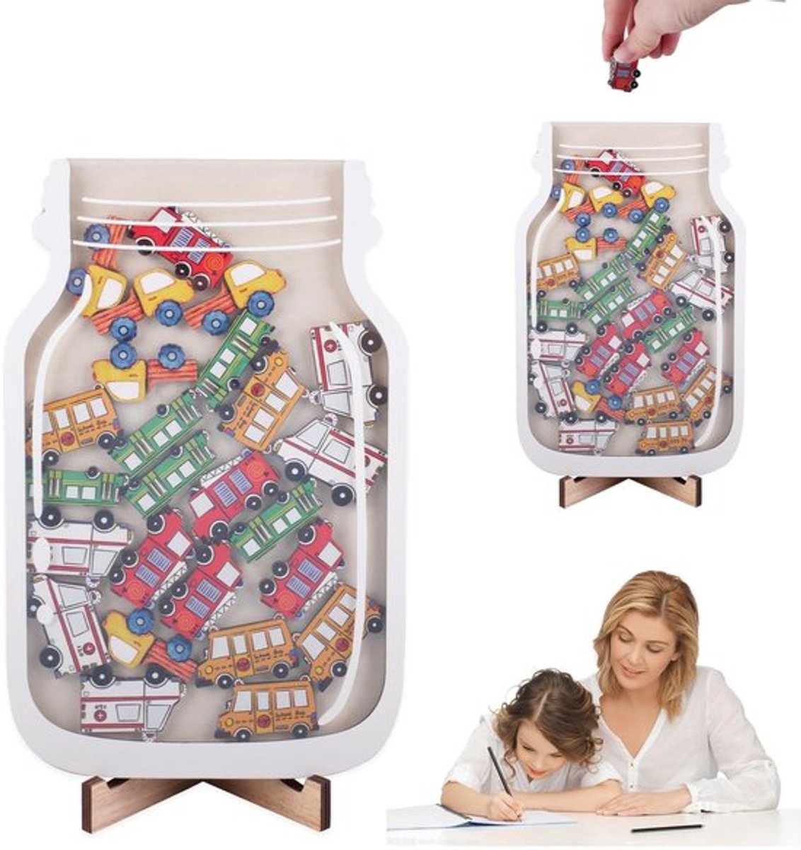Beloningsglas met Auto - Beloningssysteem voor Kinderen - Houten Materiaal - 25 Autokaarten - Geschikt voor Thuis/School - 21x13,5 cm