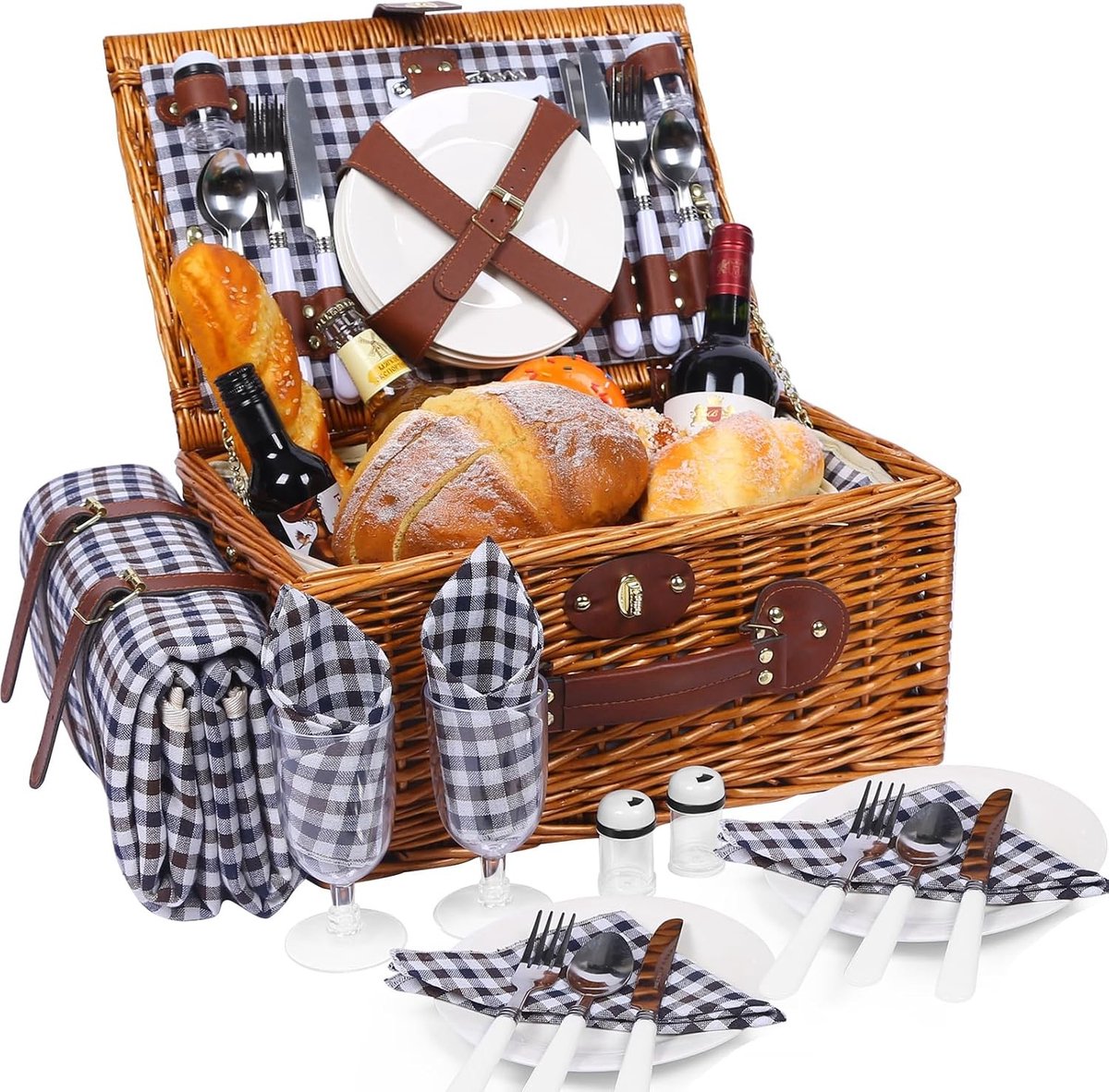 Picknickrugzakset - Zwart-wit geruit - Set voor 4 personen met waterdichte picknickdeken en accessoires - Rieten mand voor buitengebruik
