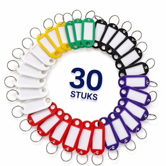 30 porte-clés en cercle, chacun avec une étiquette colorée (blanc, jaune, vert, noir, violet, rouge) et un anneau métallique.