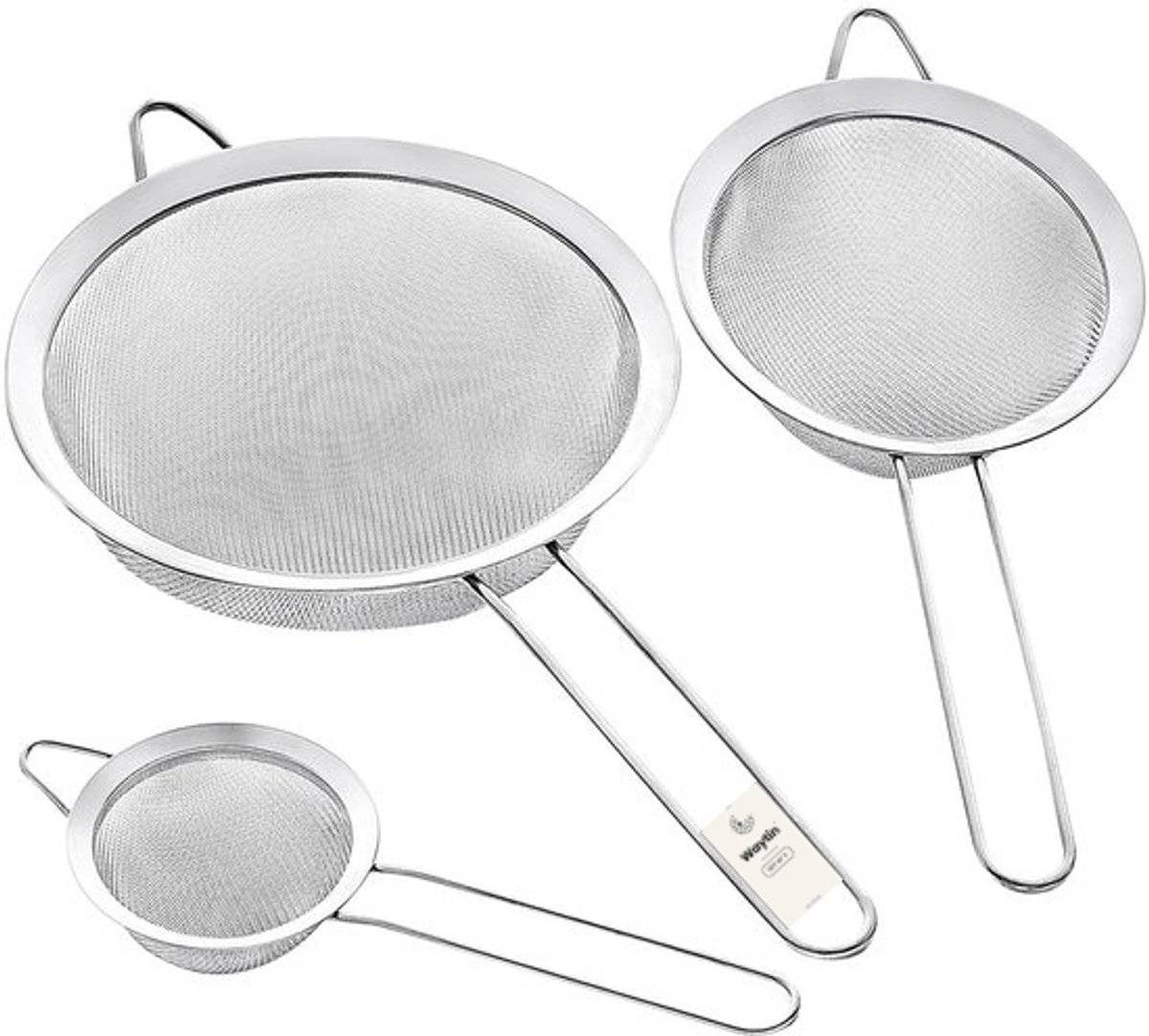 Waytin - RVS keuken zeef set - 3 maten Ø 7, 12, 20 cm - Fijne premium draadzeven - Lange handgrepen keukenzeef