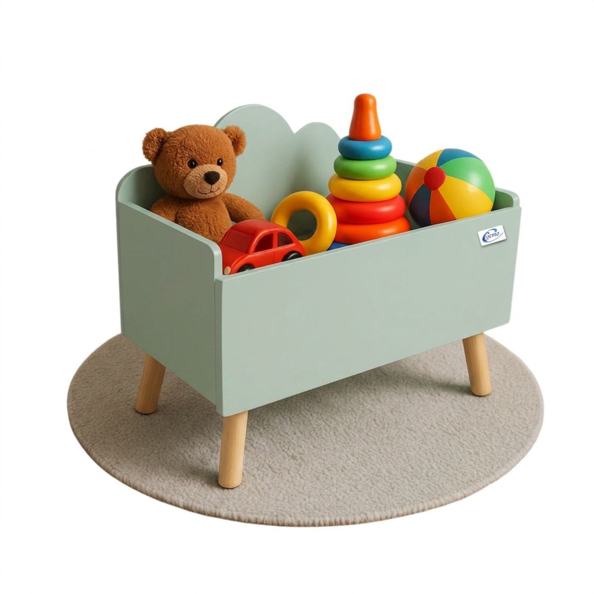 Coemo Speelgoedkist Mintgroen Kinderkamer LILO 28x58x44 cm – Opbergdoos met wolkdesign, stevige MDF-constructie, houten poten, Scandinavisch design, afgeronde hoeken, gemakkelijk schoon te maken