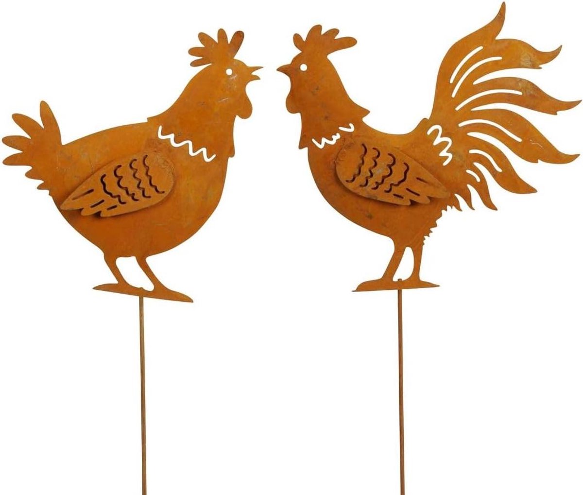 Tuinstekers Kippen - Dieren op stok - Tuin Decoratie - Handgemaakt metaal - ca. 37cm - Roestkleur