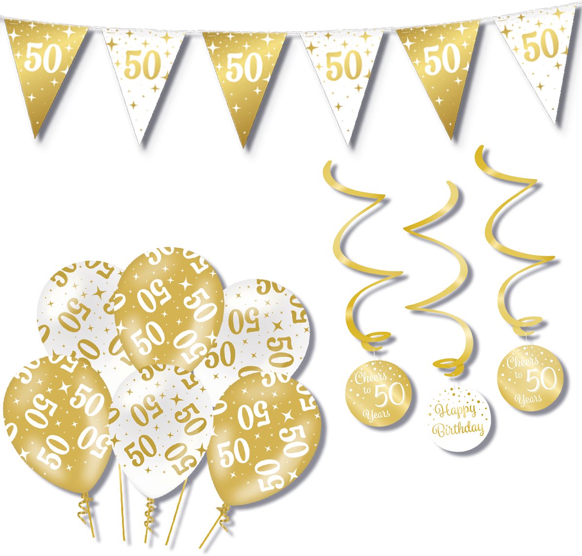 BTH – Verjaardag 50 Jaar – Wit-Goud – Verjaardag Set – Ballonnen-Swirls-Vlaggenlijn – Alles-in-1 – Decoratie Pakket