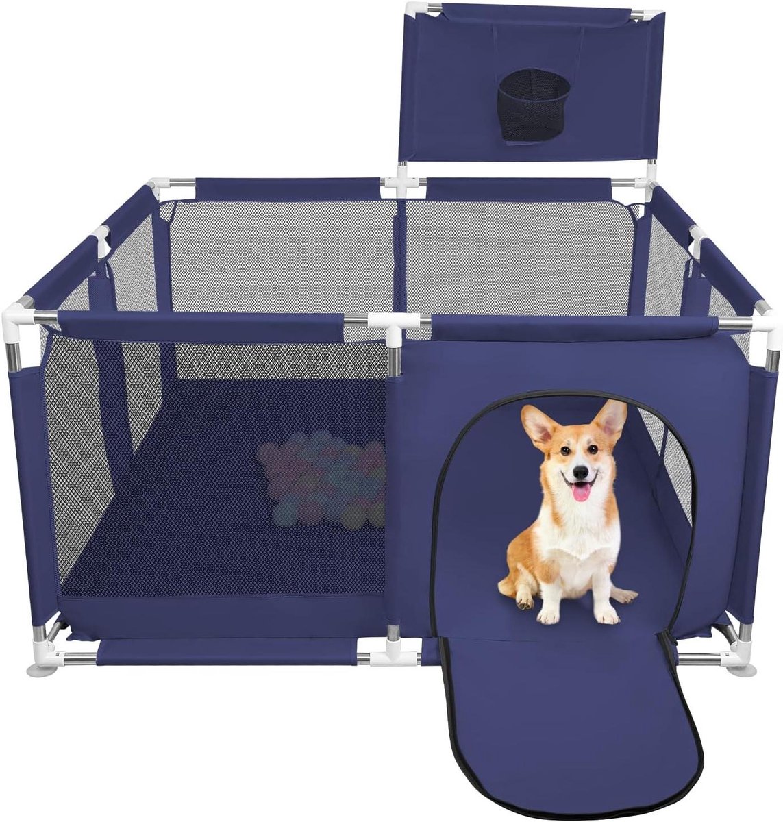 Hondenren met mand - Dierenpark puppy - Veilig spelen - Interactief ontwerp - 126 x 126 cm - Donkerblauw