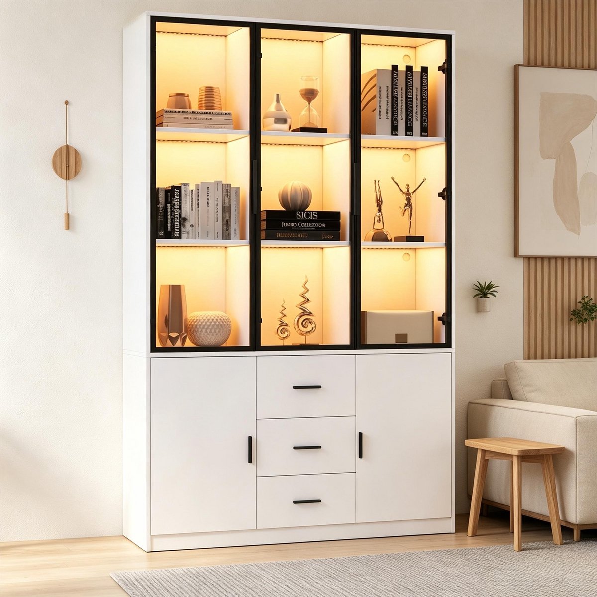 Pugsdrly Vitrine met glazen deuren en led-verlichting, vitrinekast met MultiStorage-boekenplank, hoge vitrinekast voor verzamelaars met handgreep, 3 lades & deuren, woonkamerkast, wit, 120x30x200 cm