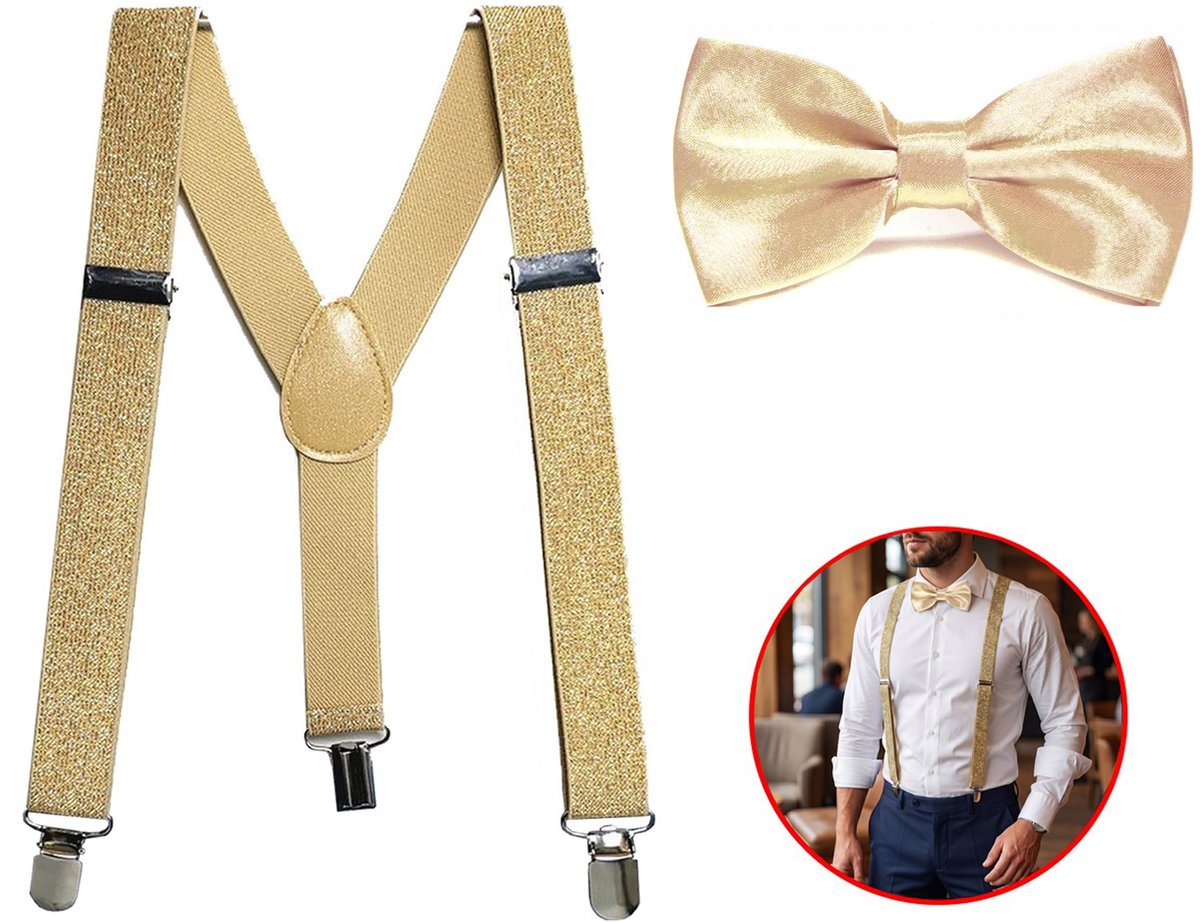 Sorprese Bretels met Vlinderstrik - Glitter Goud - Heren Bretels Set - Verstelbaar - 3 Clips - Feest, Bruiloft & Gala