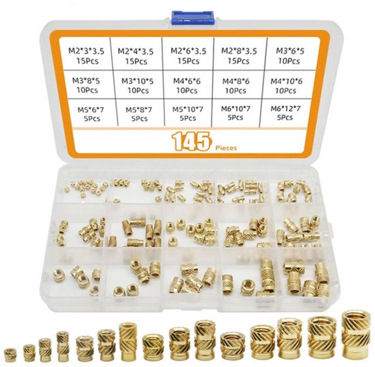 145 stuks messing schroefdraad inzetstukken binnendraad gekartelde moeren, M2 M3 M4 M5 M6 inbedment moeren assortiment kit voor 3D-printen spuitgieten