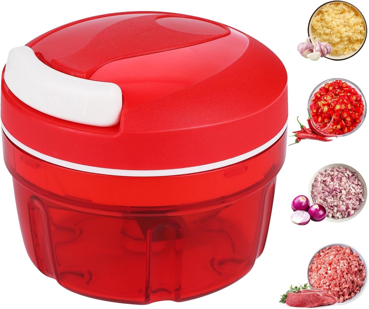 Handmatige Groentesnijder - Rood - 520 ml - Met Roterende Messen van Roestvrij Staal - Voor Uien, Groenten en Fruit