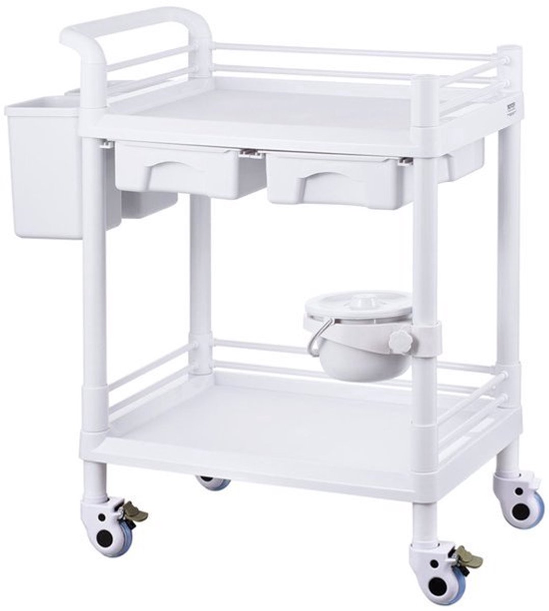 Medische Kar – Laboratoriumwagen – Mobiele Trolley – Rolwagen – Opbergwagen – 2 Etages & 2 Lades – 3 Afvalbakken Wit