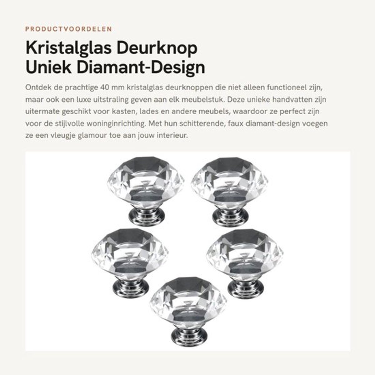 Deurknoop 40 mm - Kristalglas - Zink legering - 5 Stuks - Faux diamant-design - Geschikt voor ladedeuren/kastdeuren - Kastknop