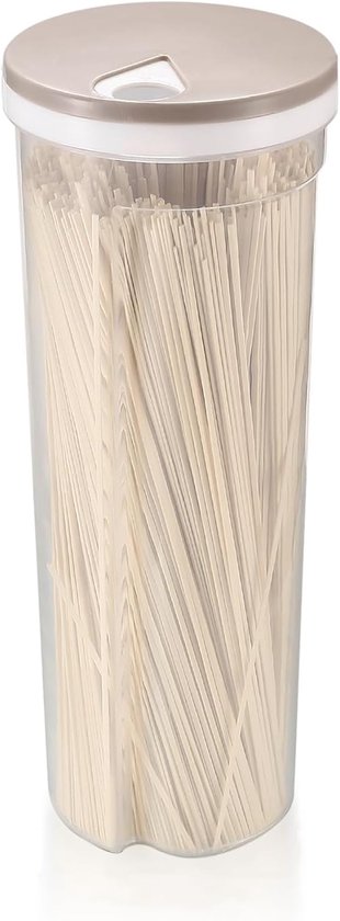 Transparante hoge voorraadcontainer gevuld met lange, lichte pasta, met een taupekleurig deksel met doseeropening.