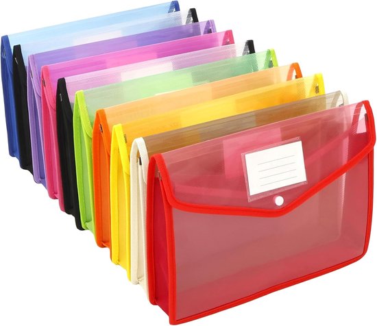 Een rij van tien A4 plastic mapjes in diverse kleuren: rood, oranje, geel, groen, lichtblauw, paars, donkerblauw, zwart en roze.