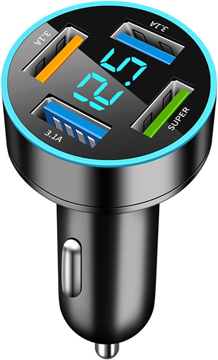 Autolader met 4 USB-poorten - Zwart - Compact en Licht - Snellaadadapter met LED Voltmeter - Voor Telefoon en Tablets
