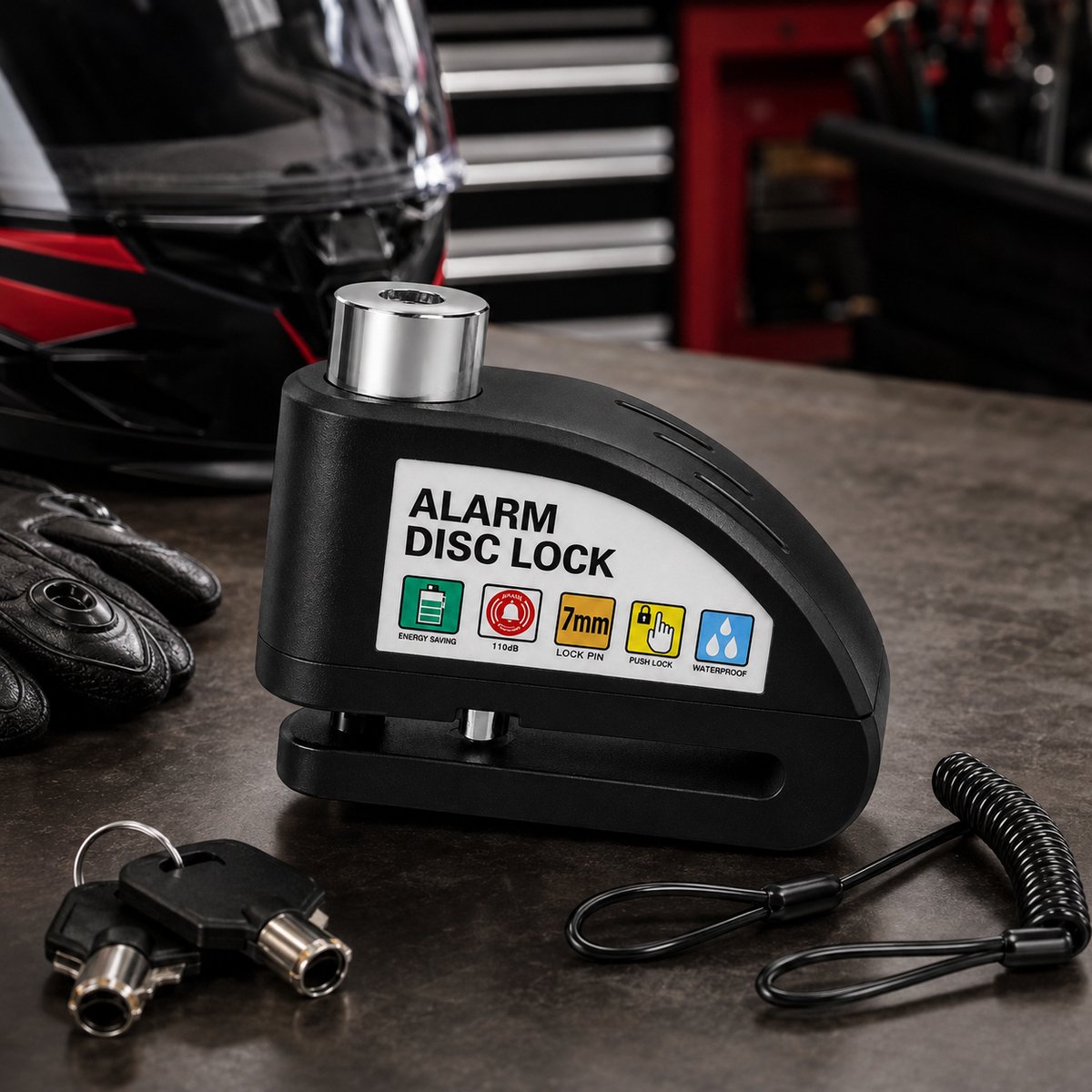 Home & Marker – Alarmschijfremslot met Alarm 110 dB – Motorslot & Scooterslot – Waterdicht Remschijfslot voor Motor, Scooter & Fiets – Zwart – ALERTOLOCK – foto 3