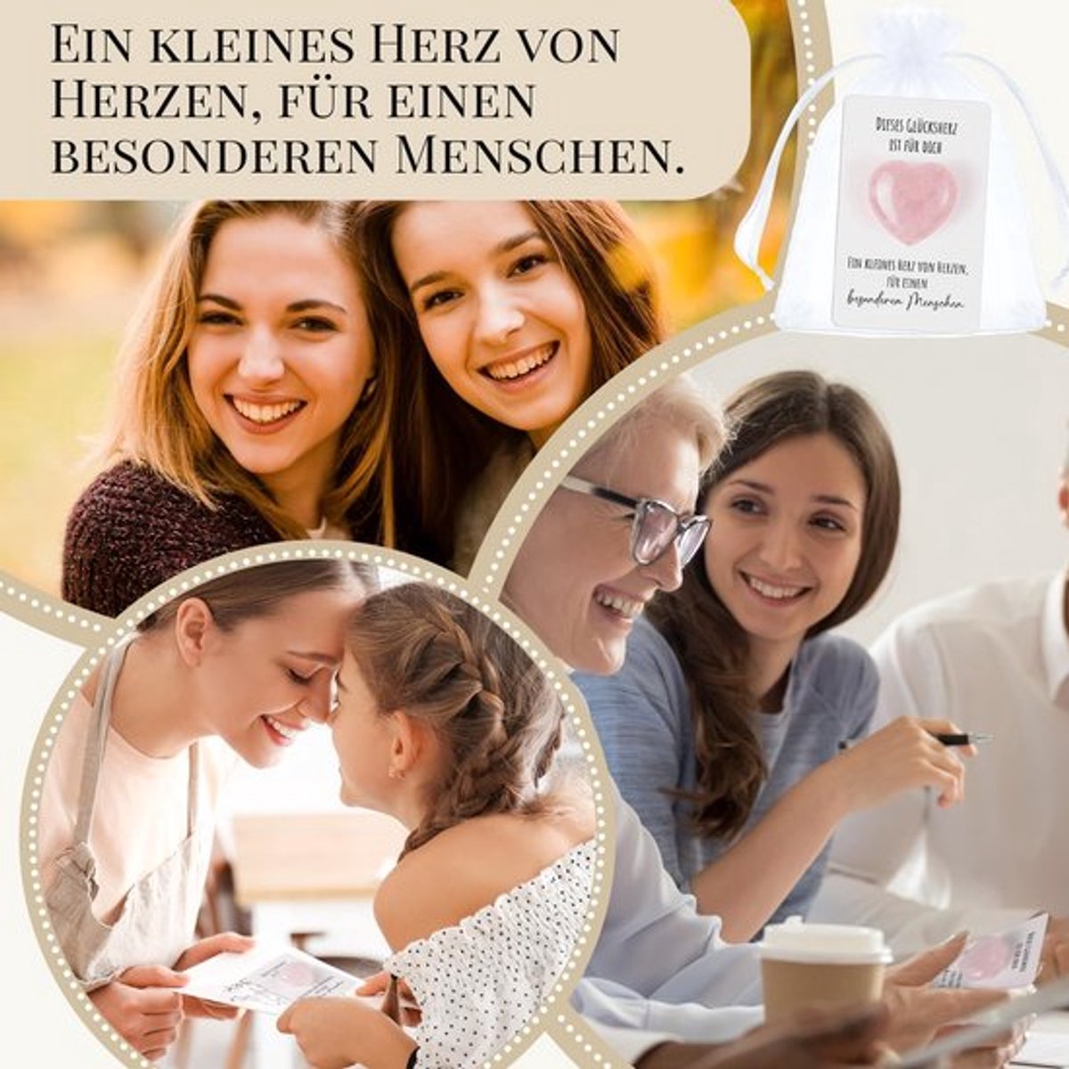 Cadeauset Gelukshart - Roze Kristallen Knuffelhart - Motiverende Kaart - Bemoedigend Cadeau - Voor Vrienden/Familie - Compact Organza Zakje