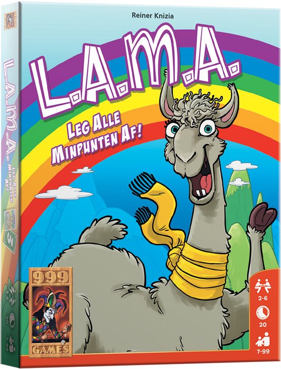 Doos van het kaartspel LAMA, met een lachende lama met sjaal voor een regenboog.