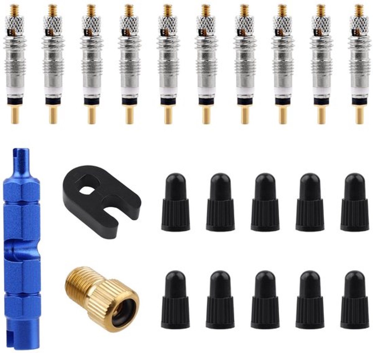 Ventielkernreparatieset Inclusief 10 Ventielkernen - 10 Ventieldoppen - Messing Schroef - Kunststof Gesp - Installatiegereedschap - Geschikt voor Tubeless Race- en MTB-Banden - Ventielkern