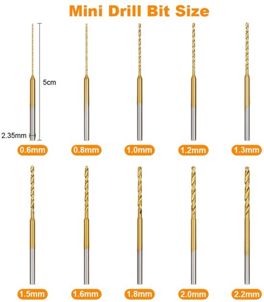 Ainiv Set van 10 kleine spiraalboren, 0,6 mm tot 2,2 mm en 2,35 mm, mini-schuurboren, titanium coating, handboor voor sleutelhangers, oorbellen, sieraden, hars en hout