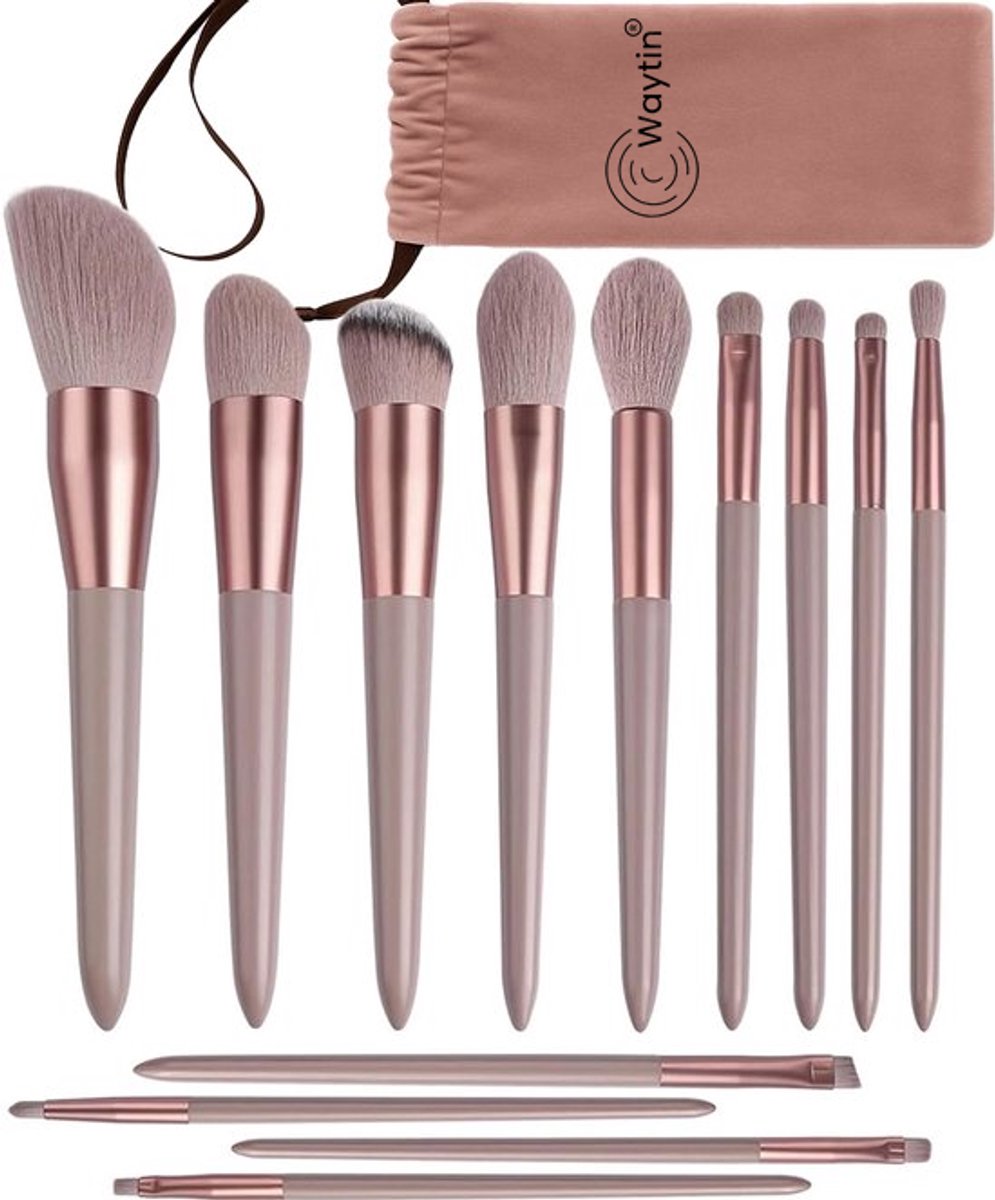 Waytin Make-up Kwasten Set - 13 Stuks - Oud Roze/Bruin - Inclusief Luxe Bewaartasje - Foundation, Concealer & Oogschaduw Kwasten - Hoge Kwaliteit